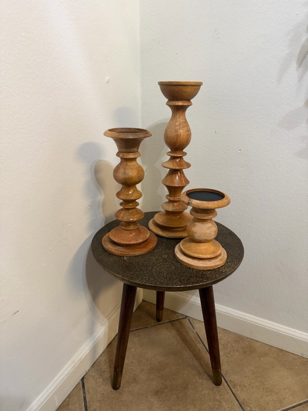 Pottery Barn Natural Wood Turned Candlestick Trio - Light Brown